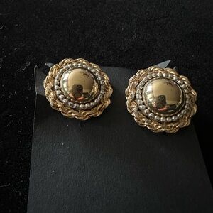 Gold and Silver Layered Dome Clip Earrings with Intricate Borders